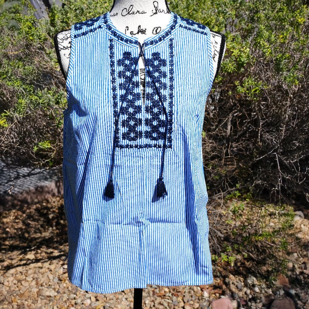 J.Crew Blue & White Striped Embroidered Sleeveless Top